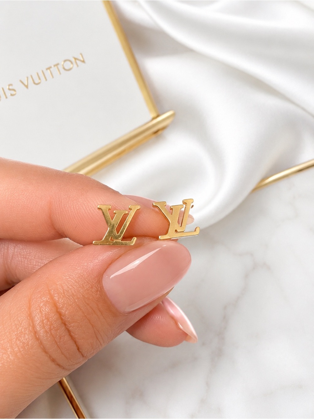 Gold LV Monogram Stud Earrings